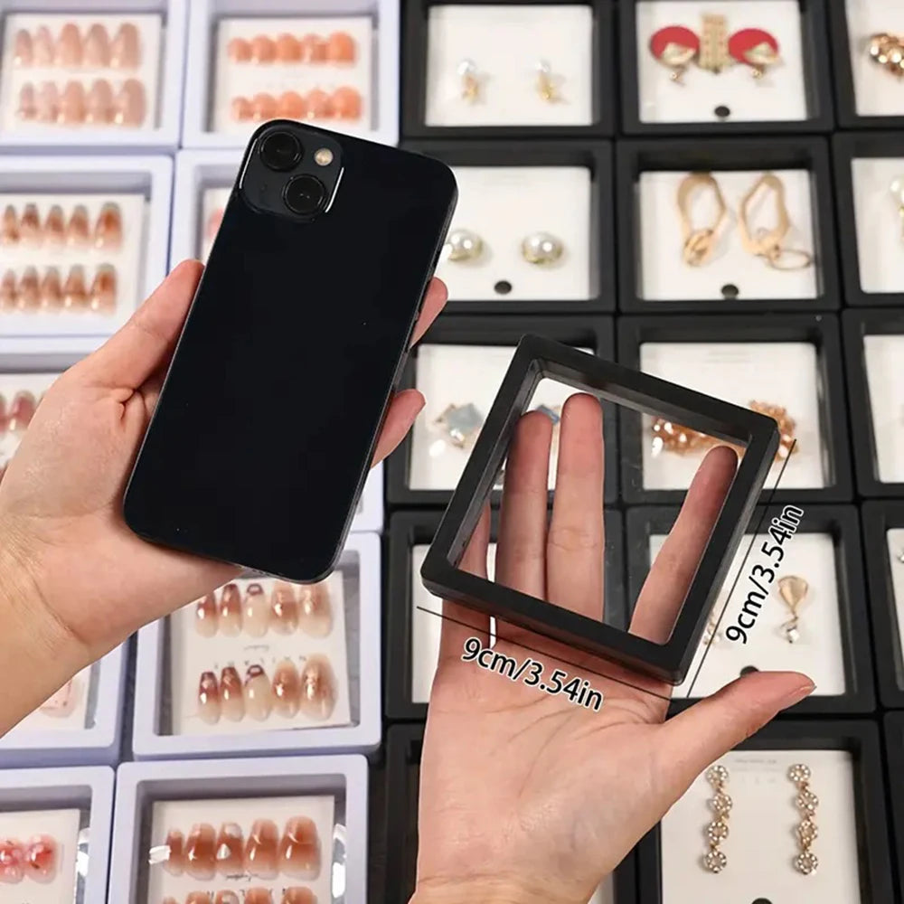 10pcs PE Film Black White Jewelry Storage Box 3D Packaging Case Free Stand Floating Frame Membrane Ring Earring Necklace Display