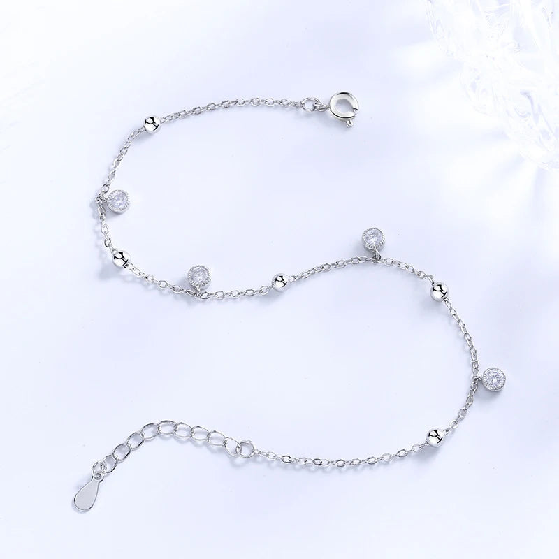 New Fashion Bohemia Shiny Round Zircon Pendant Anklets Women Jewelry 925 Sterling Silver Sexy Beach Circle Rhinestone Foot Chain