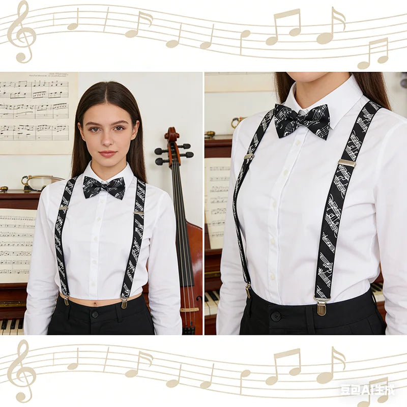 Unisex Y-Shape Suspender Bowtie Set Score Line Music Note Office Casual Braces for Trousers Pants Holder Top Mix Match Women Men