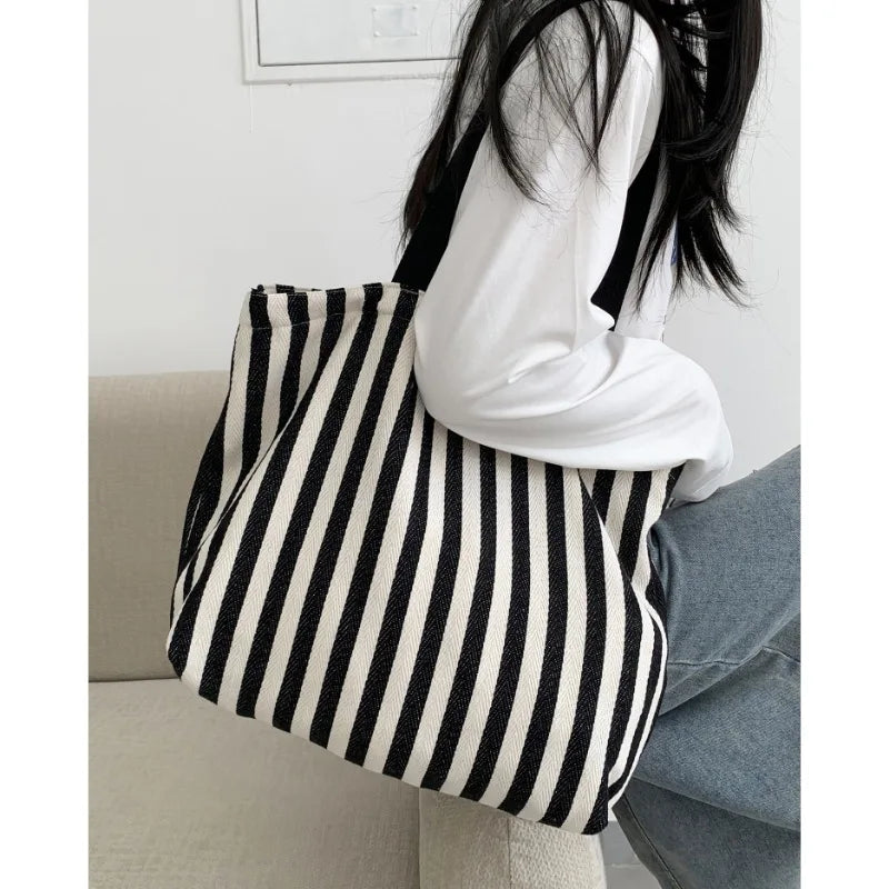 Simple Striped Women's Canvas Casual Shoulder Bags Fashion Large Capacity Ladies Tote Handbags Female Daily Shopping Bags