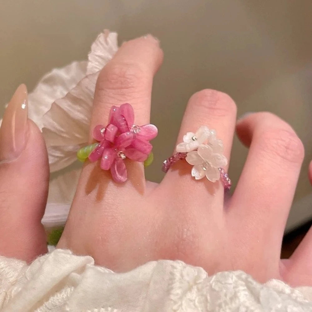 New Romantic Cute Violet Flower Ring Spring Summer Elastic Beaded Rings for Women Friends Korea Finger Jewelry Accessories Gift