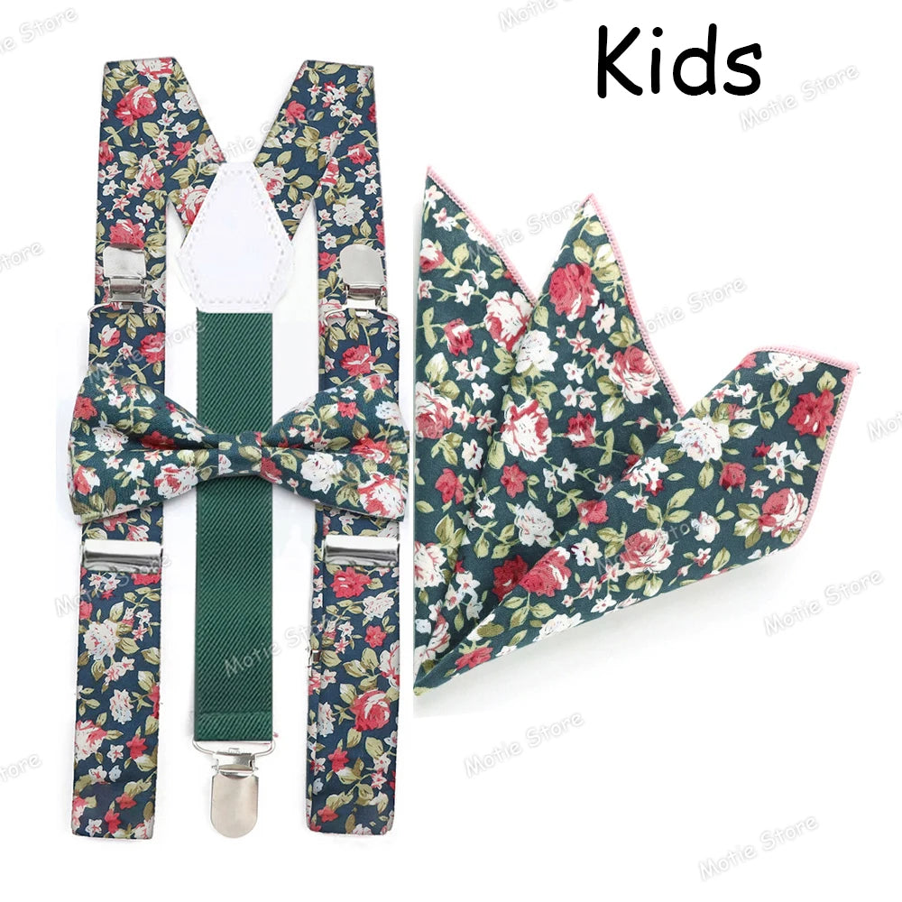 3-Piece Set With Square Scarf And Printed Floral Cotton Bowtie Suspender  For Parents-Kids Bowtie Suspender As Shirt Accessory