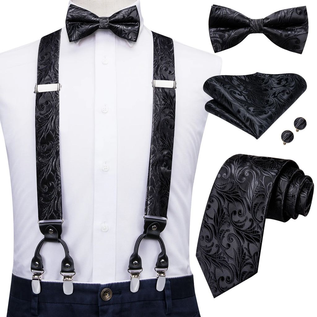 Hi-Tie Adult Men's Suspender Set Leather 6 Clips Braces Vintage Fashion Gold Floral Wedding Suspenders and Bowtie Set