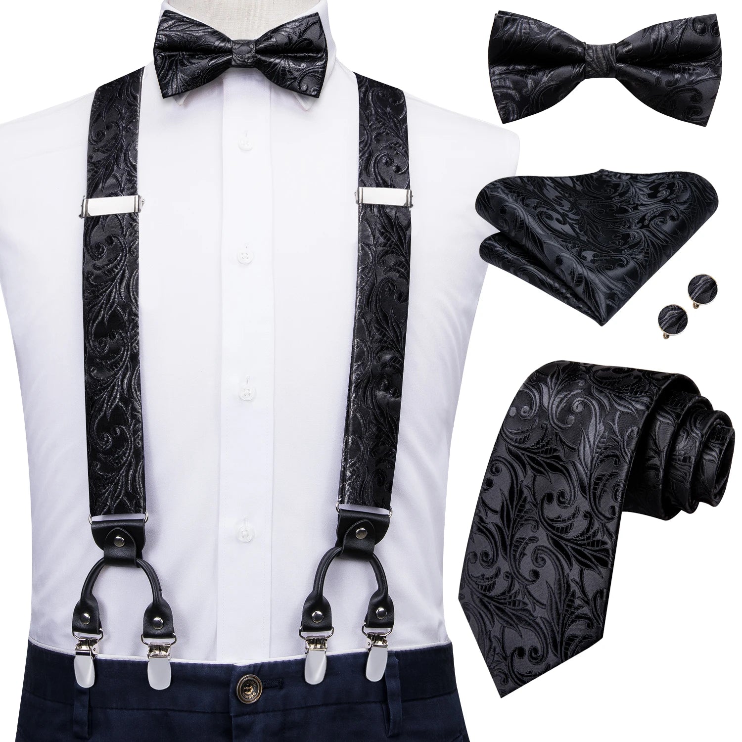 Hi-Tie Adult Men's Suspender Set Leather 6 Clips Braces Vintage Fashion Gold Floral Wedding Suspenders and Bowtie Set