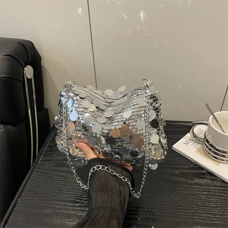 Sequin Evening Party Shoulder Bags for Women Lightweight Portable Ladies Chain Crossbody Bag Solid Color Casual Female Handbag