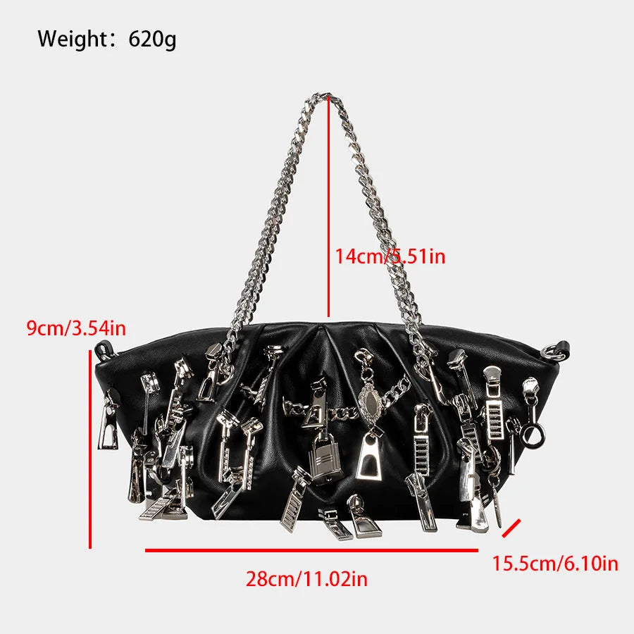Punk Style Ruched Dumpling Armpit Bag 2025 Multi Zipper Head Decoration Women's Shoulder Bags Spicy Girl Y2K Handbags