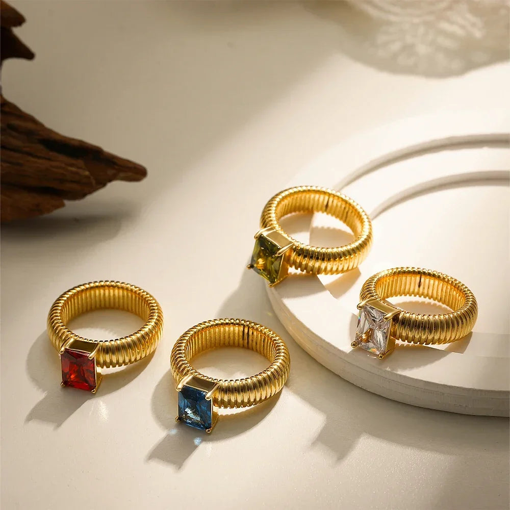 18K Gold Plated Waterproof Multi-color Crystal Chunky Striped Texture Rings Delicate Shiny Square Zircon Wed Ring Punk Jewelry