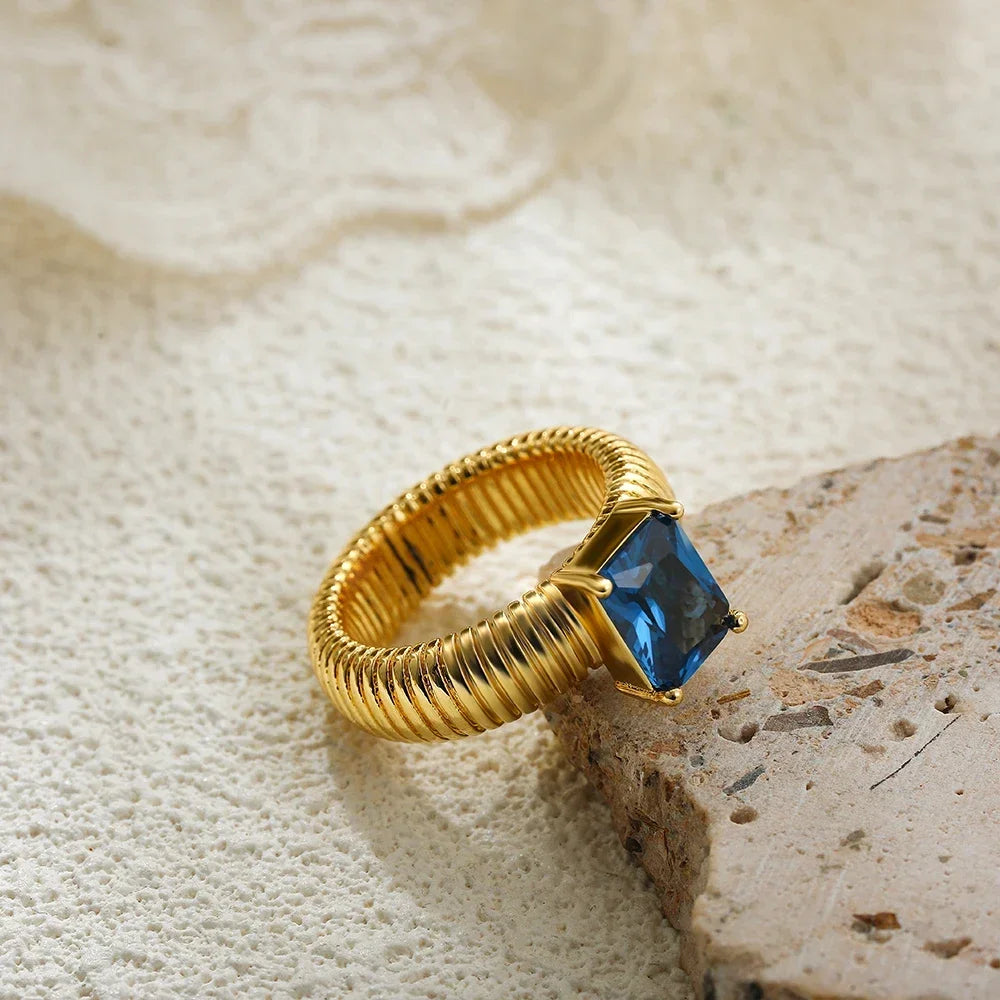 18K Gold Plated Waterproof Multi-color Crystal Chunky Striped Texture Rings Delicate Shiny Square Zircon Wed Ring Punk Jewelry