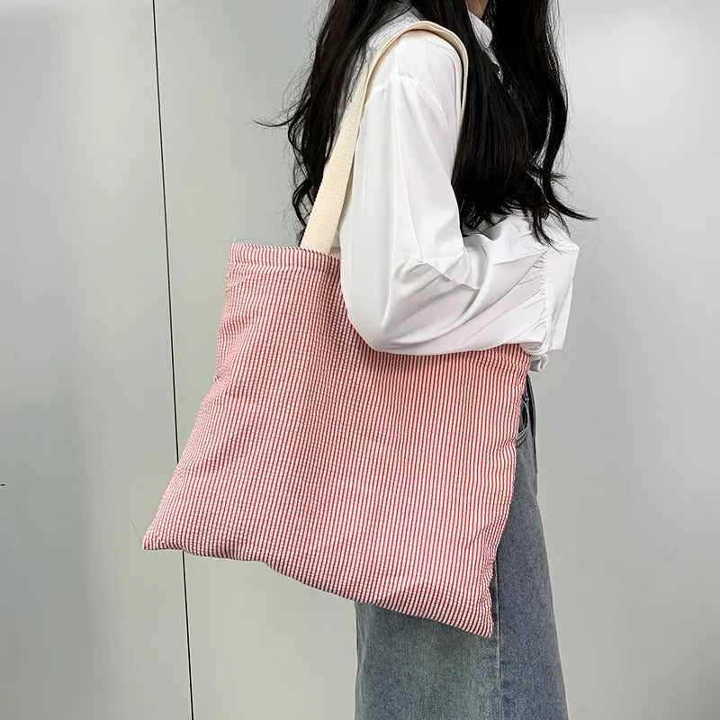 Stripe Contrast Color Women's Canvas Shoulder Bag Large Capacity CollegeBook Tote Zipper Handbags Simple Commuter Shopping Bag