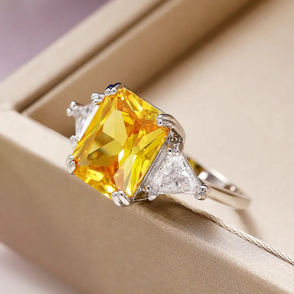 Huitan Geometric Shaped Yellow Cubic Zirconia Rings Silver Color Wedding Bands for Women Brilliant Accessories  Party Jewelry
