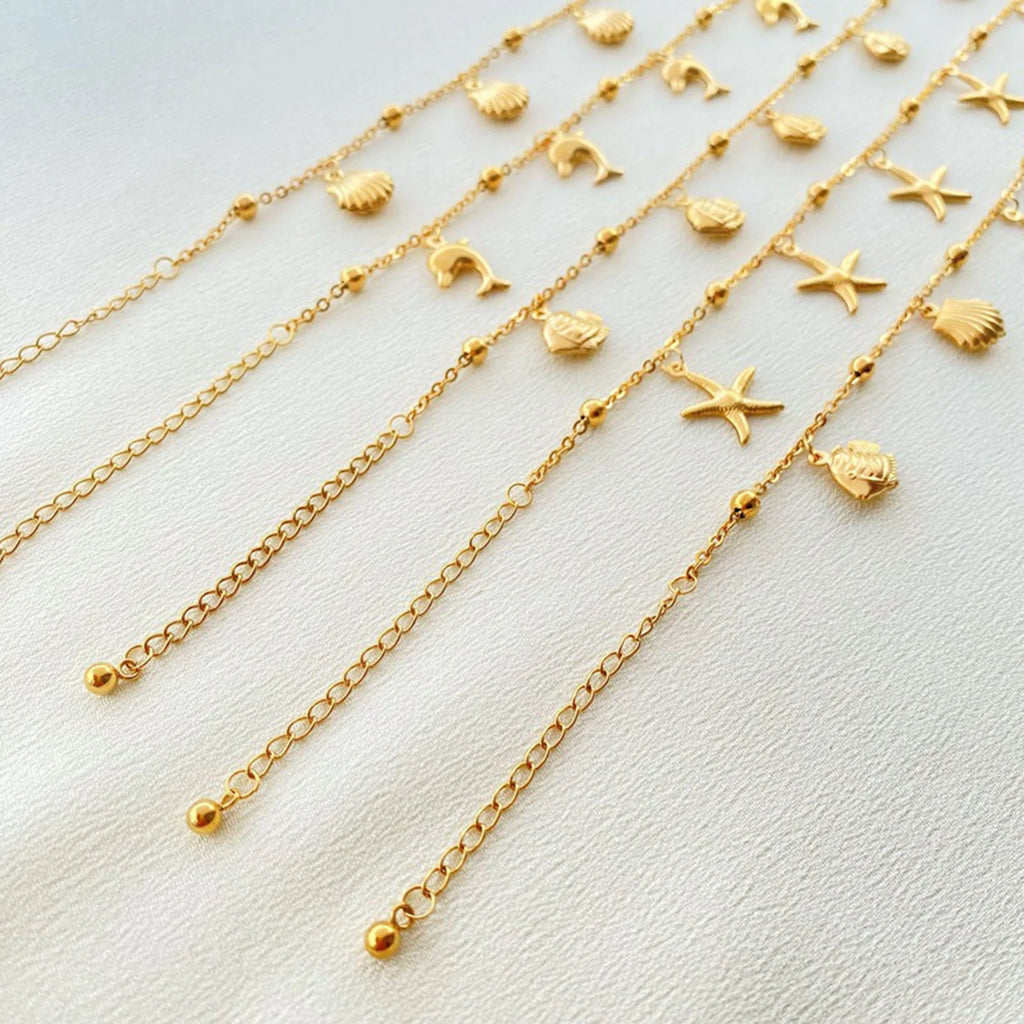 New Stainless Steel Link Cable Chain Anklet Gold Color Marine Animal Dolphin.Starfish For Women Beach 21cm(8 2/8") Long, 1 Piece