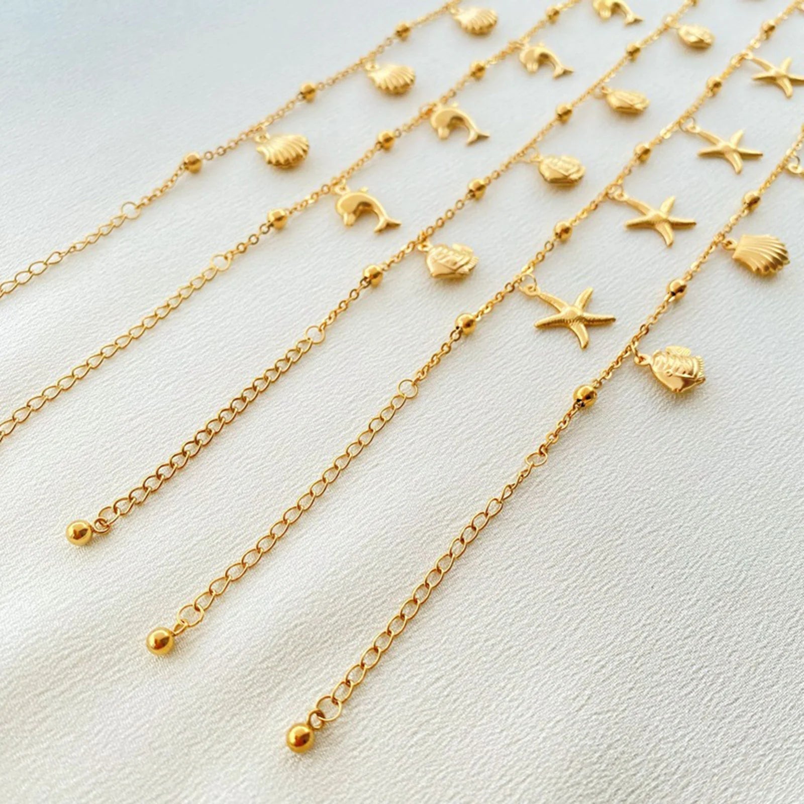 New Stainless Steel Link Cable Chain Anklet Gold Color Marine Animal Dolphin.Starfish For Women Beach 21cm(8 2/8") Long, 1 Piece