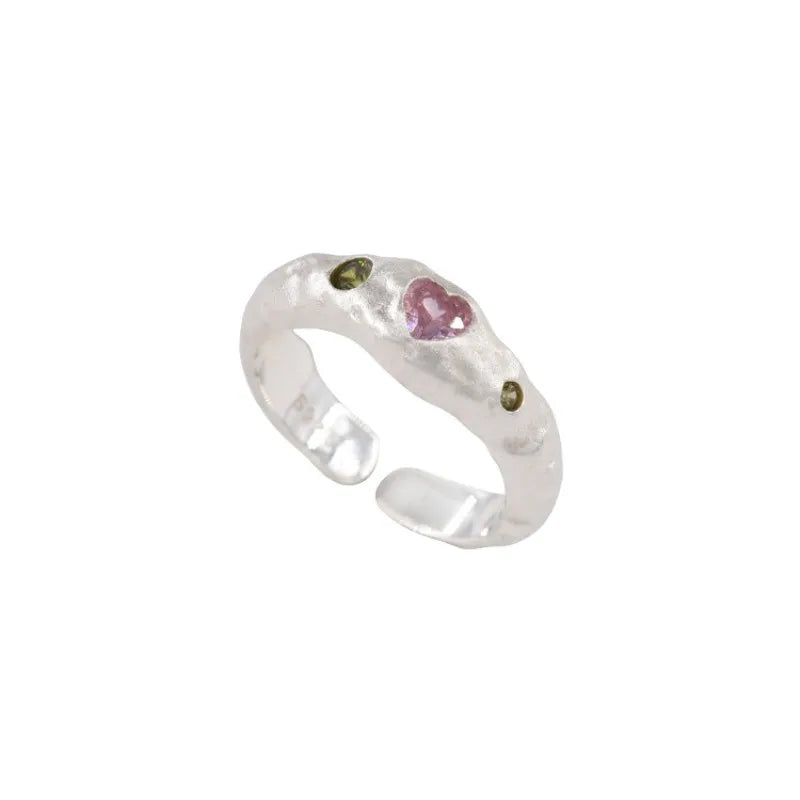 New Sweet Personality 925 Sterling Silver Adjustable Irregularly Texture Heart-shaped Pink Crystal Ring for Woman Korean Jewelry