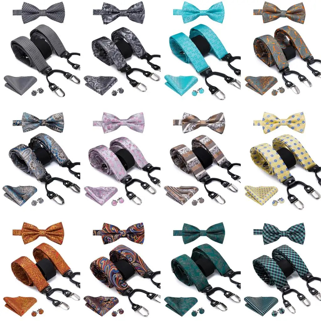 Hi-Tie Vintage Silk Men's Suspender Set Fashion Gold Floral Suspender and Bow Tie Set Leather Metal 6 Clips Suspender Braces