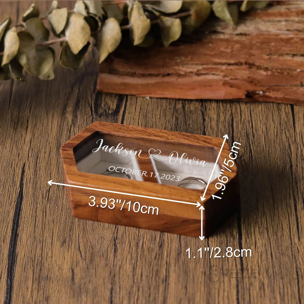 Personalized Walnut Wood Hexagon Ring Box with Glass Top Custom Name Date Engraved Engagement Wedding Ring Holder Keepsake Gift