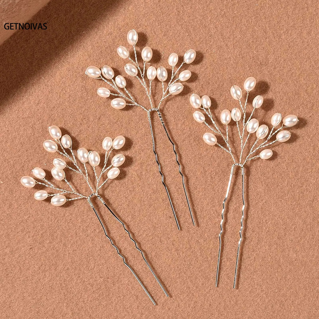 3 Pcs Pearl Hairpins Bridal Headpiece Handmade Silver/Gold Color Wedding Hair Pins Party Hair Accessories for Women and Girls
