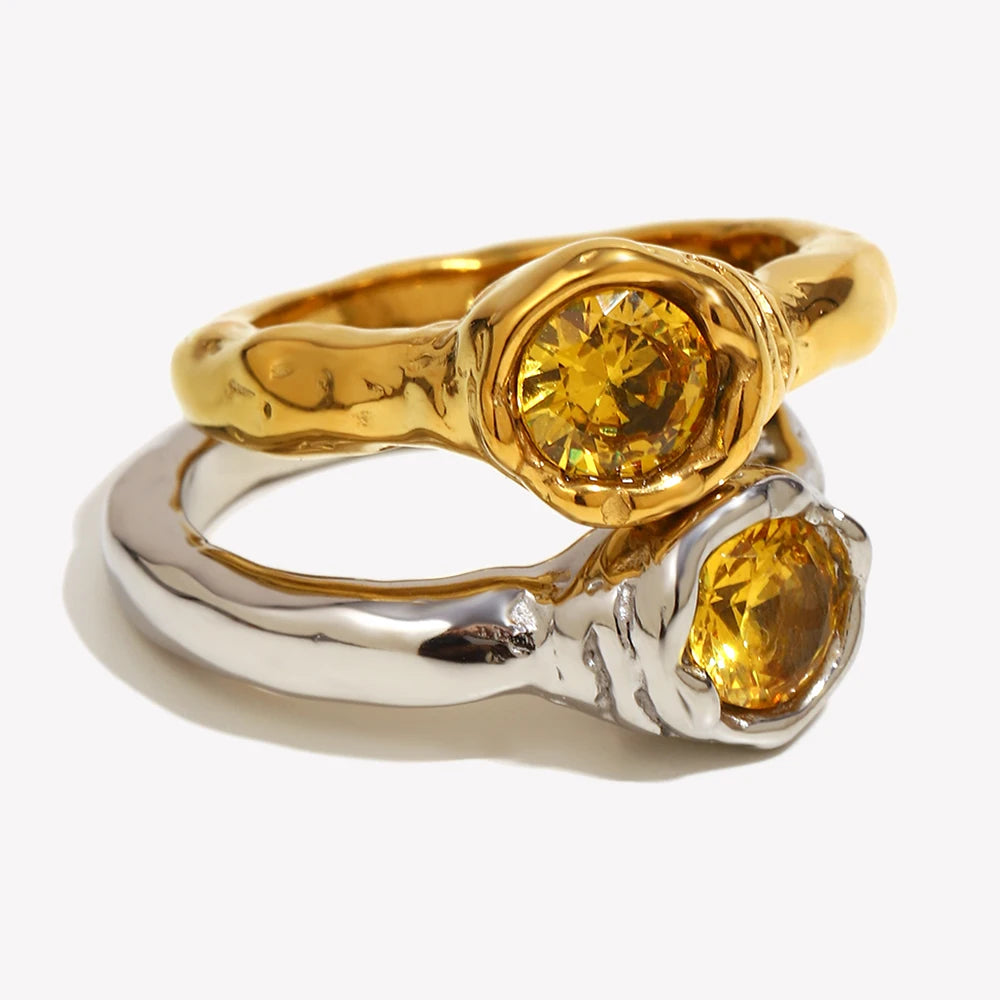 E.B.belle Fashion Women's Shiny Single Champagne Color Zircon Thin Rings Gold Plated Stainless Steel  Jewelry Accessories