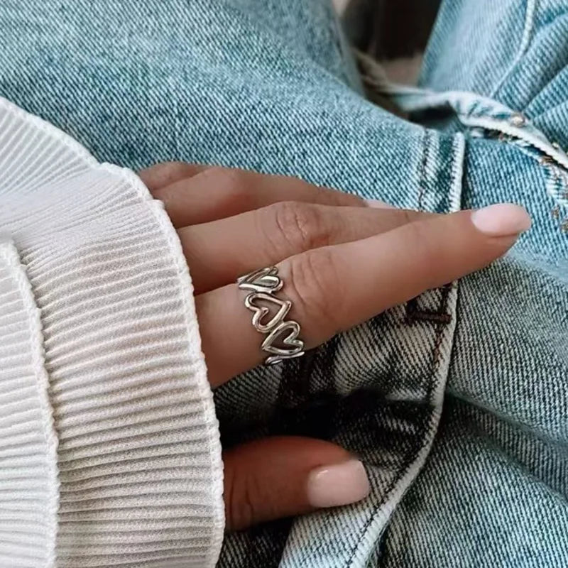 Vintage Personality Geometric Shape Simple Love Heart Rings for Women Unique Design Adjustable Open Mouth Rings Jewelry Gifts