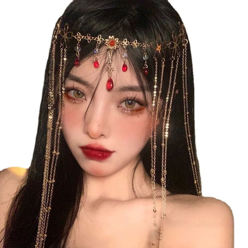 1PC Fashion Shiny Head Chain Rhinestone Long Tassel Hair Ornament Water Drop Crystal Retro Hairpin Women's Bridal Hair Ornament