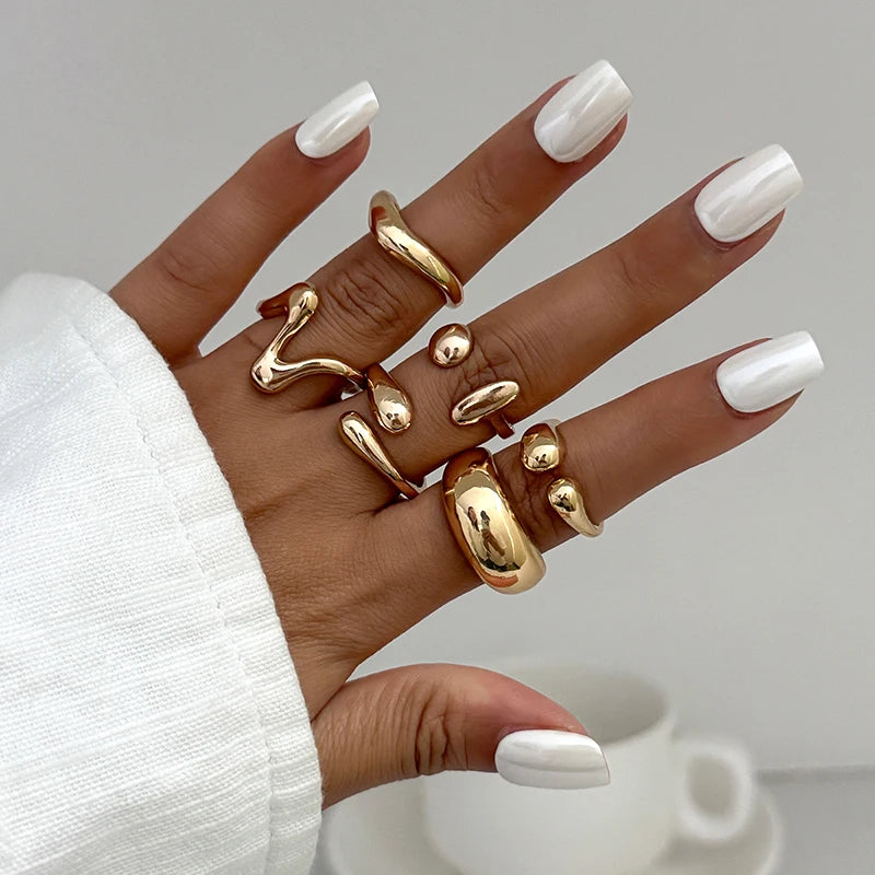 Fashion 6Pcs/Set Smooth Metal Opened Rings for Women Punk Personality Irregular Gold Silver Color Finger Rings Female Jewelry