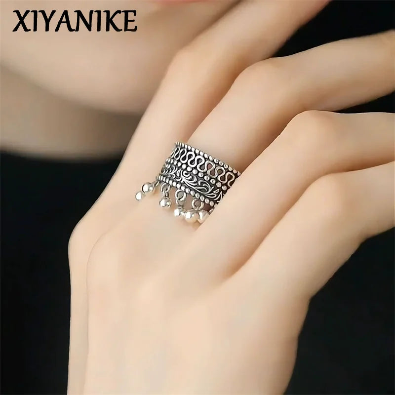 XIYANIKE Vintage Thai Silver Round Beads Tassel Adjustable Finger Rings For Women Hiphop Fashion New Jewelry Gift Party Rock