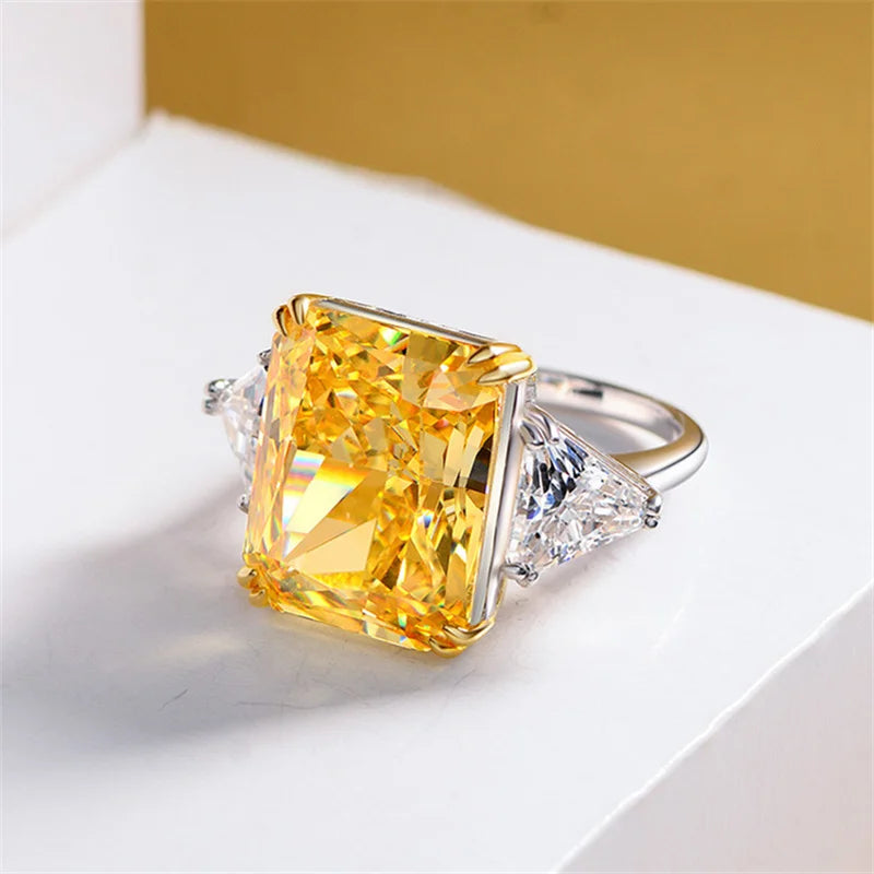 Luxury Geometric Big Square Stone Rings For Women Silver Color Charm Pink Yellow Zircon Wedding Bands Index Finger Party Jewelry