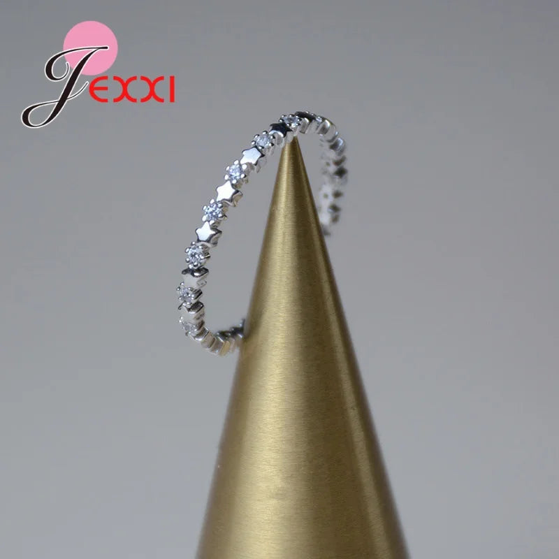Luxury Original Delicate Solid 925 Silver Needle Stars Finger Ring Authentic Real Clear CZ Jewelry For Women Wedding Gift