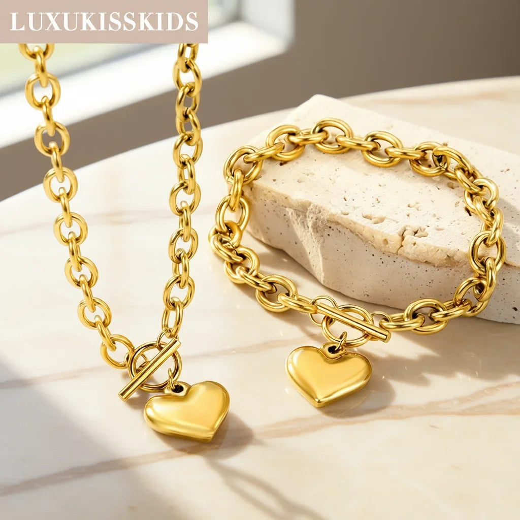 LUXUKISSKIDS Fashion Cubic Love Heart Minimalist Jewelry Set Necklace Earrings Bracelets Stainless Steel Women Party Accessories