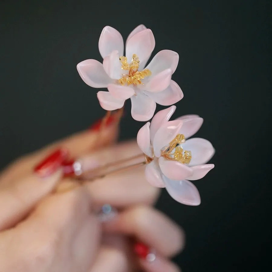2pcs Vintage Hairpin Glazed Flower Tiara Chinese Hanfu Hair Accessories Lotus Shaped U-shaped Hair Clip Forks Retro Hair Jewelry