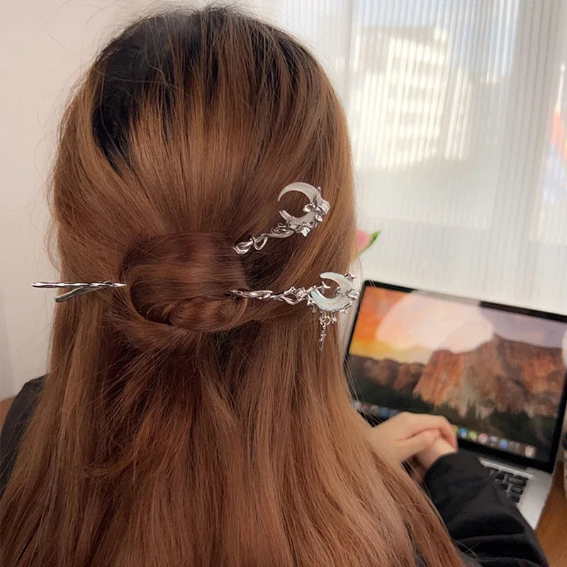Romantic Moonstone Star Moon Hair Stick Metal Branch Hairpin Fork Chinese Style Hair Accessories for Girls Jewelry