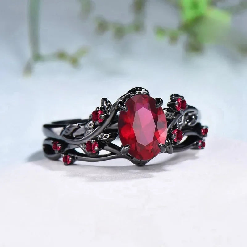 Exquisite Black Color Round Flower Red Stone Rings for Women Jewelry Anniversary Rings Gift