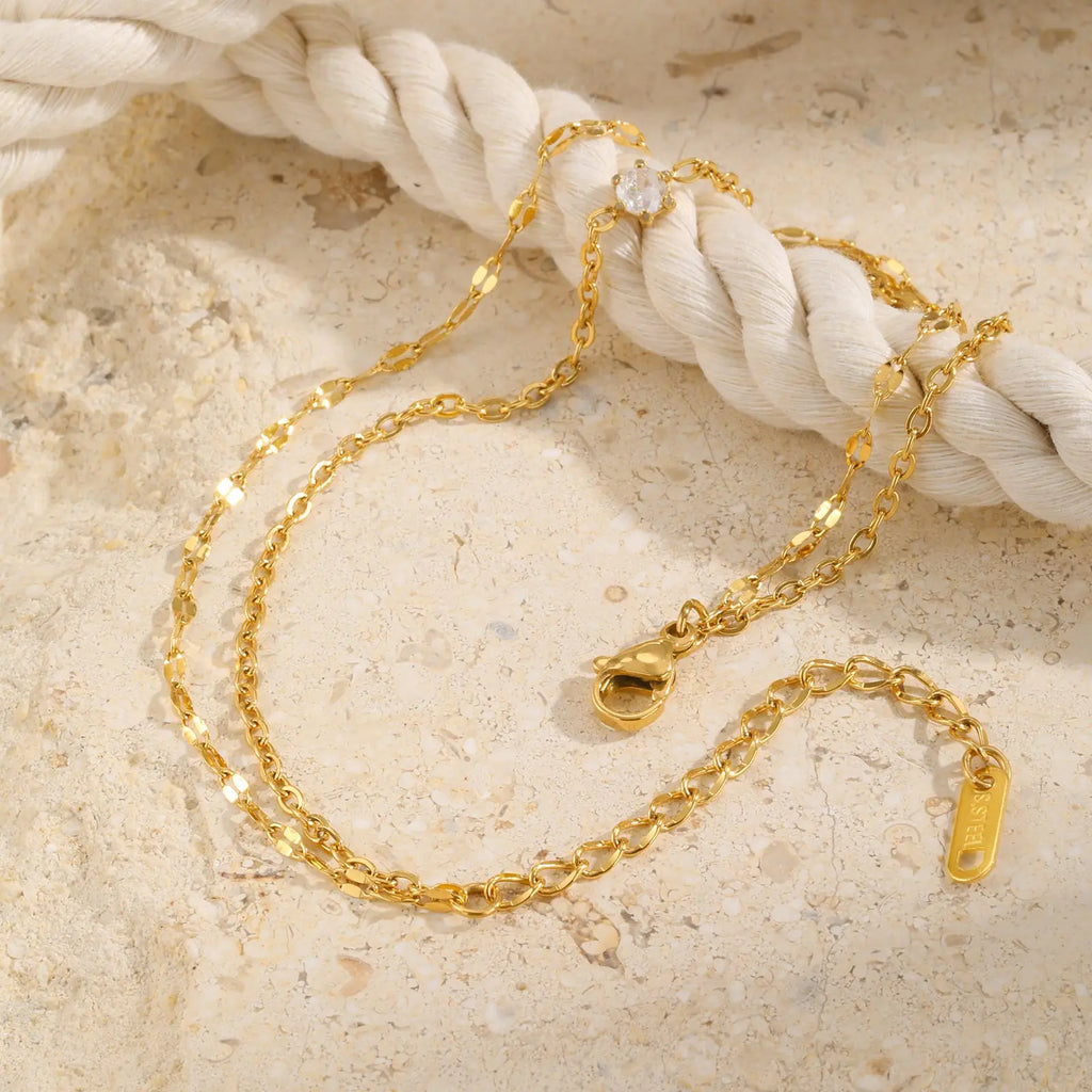 Waterproof Layered Anklet Bracelet for Women, Adjustable Gold Plated with Zirconia Stainless Steel Link Foot Chain Jewelry