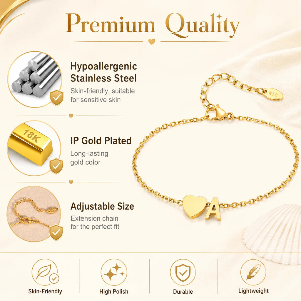 Heart Initial Anklet Bracelets for Women Adjustable Stainless Steel Hypoallergenic Beach Jewelry Personalized Foot Chain Anklet