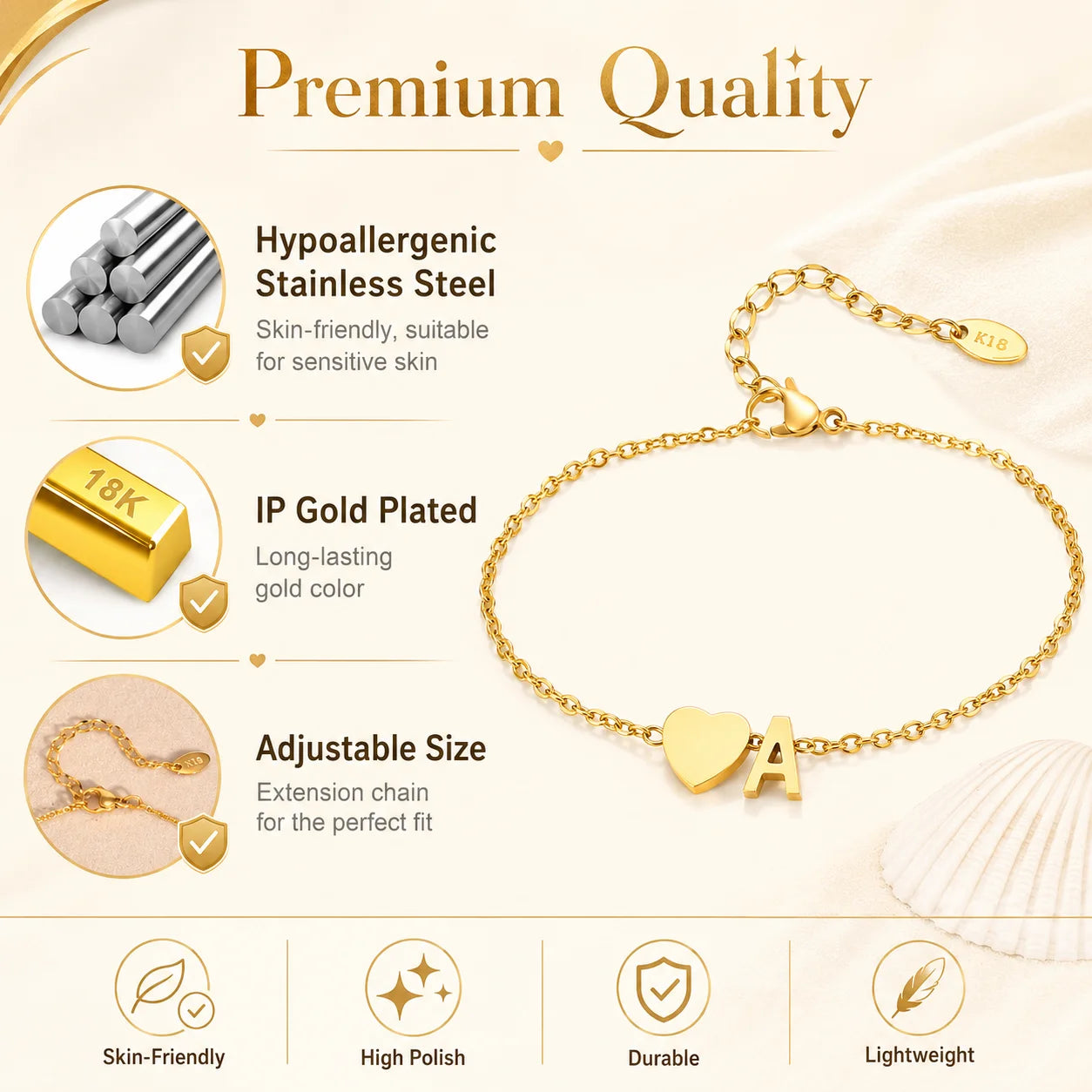 Heart Initial Anklet Bracelets for Women Adjustable Stainless Steel Hypoallergenic Beach Jewelry Personalized Foot Chain Anklet