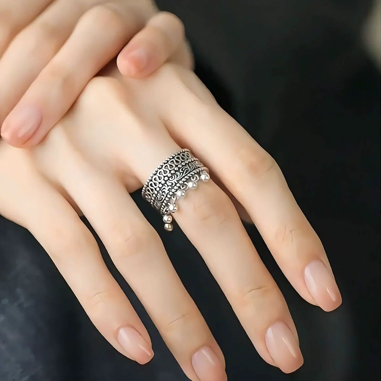 XIYANIKE Vintage Thai Silver Round Beads Tassel Adjustable Finger Rings For Women Hiphop Fashion New Jewelry Gift Party Rock