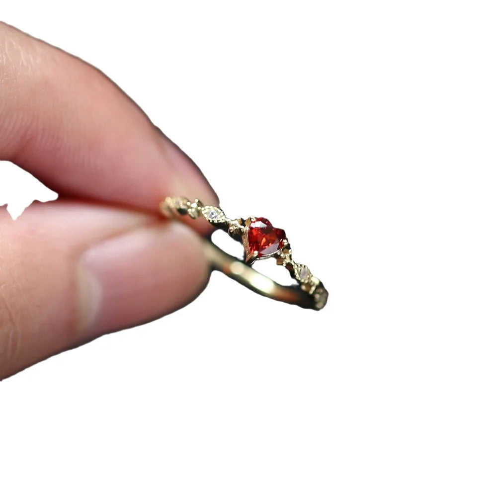 Luxury Red Heart Crystal Opening Rings for Women Temperament Stainless Steel Zircon Wedding Bride Finger Jewelry Accessory Gift