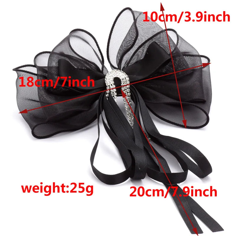 Long Ribbon Mesh Bow Women Hair Clips Elegant Pearls HairBands White Mesh Hairpins Wedding Party Bride Hair Accessories
