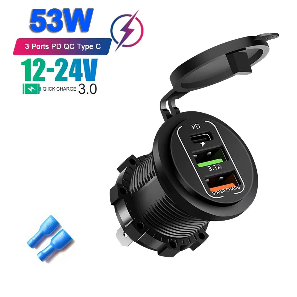 4-Port Car Charger – Dual USB & Type-C Fast Charging with Voltmeter