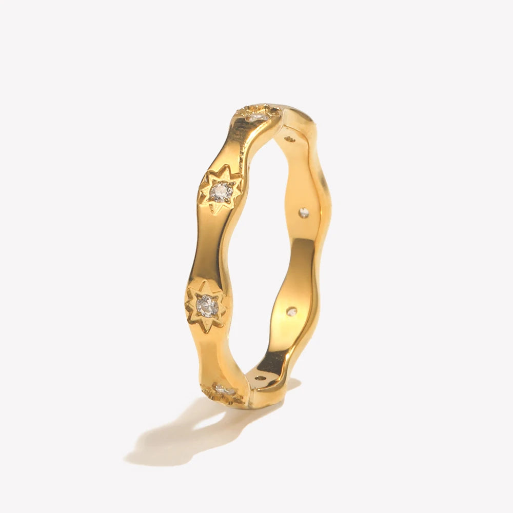 E.B.belle Rhinestone Eight Awn Star Wave Shape Ring  Stainless Steel 18k Gold Plated Exquisite Women Jewelry For Party Dating
