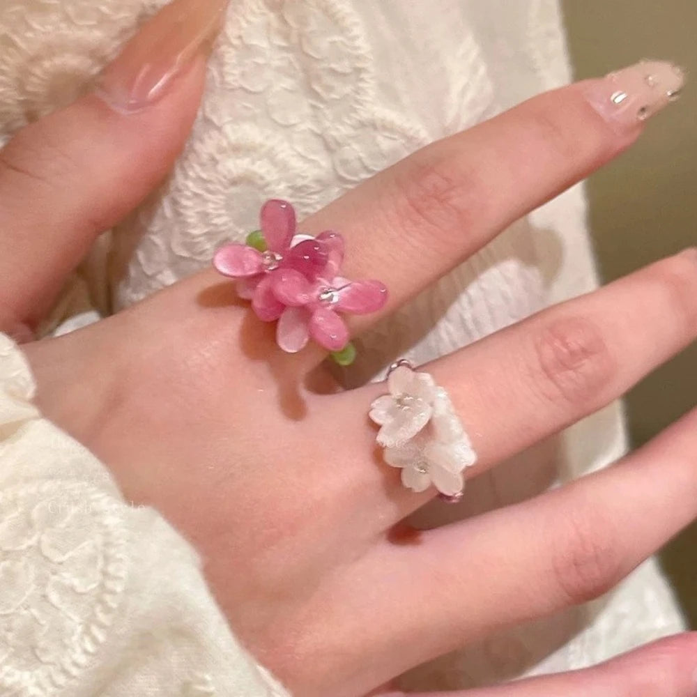 New Romantic Cute Violet Flower Ring Spring Summer Elastic Beaded Rings for Women Friends Korea Finger Jewelry Accessories Gift