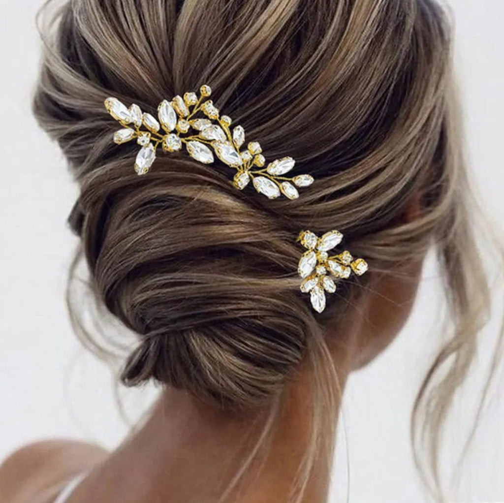 Bride U-shaped Hairpins Wedding Hair Accessories Rhinestone Leaf Shaped Hair Clips Fashion Party Side Comb Hair Jewelry Sets