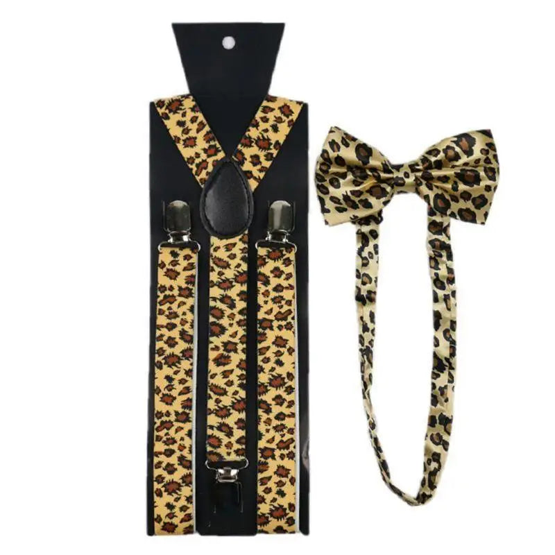 39BB Unisex Suspender Bow Tie Set Wide Leopard Print Adjustable 3 Clip-On Y-Back Belt
