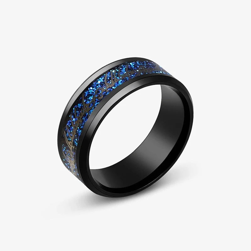 8mm Stainless Steel Domineering Dragon Pattern Rings for Men Women Punk Inlaid Blue Carbon Fibre Ring Bagues Pour Femme