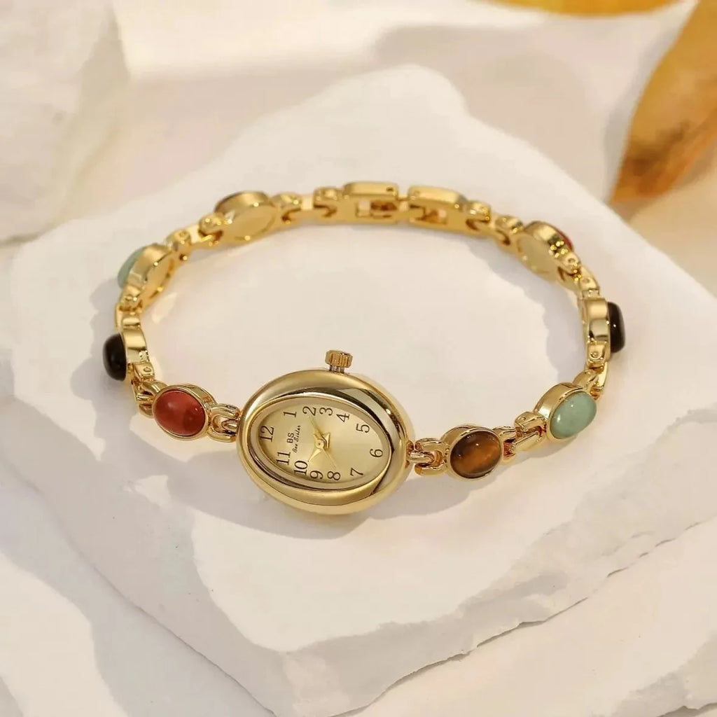 Luxury Vintage Quartz Women's Watches Fashion Natural Green Jade Bracelet Clock Numerals Small Oval Dial Watch Woman Accesories