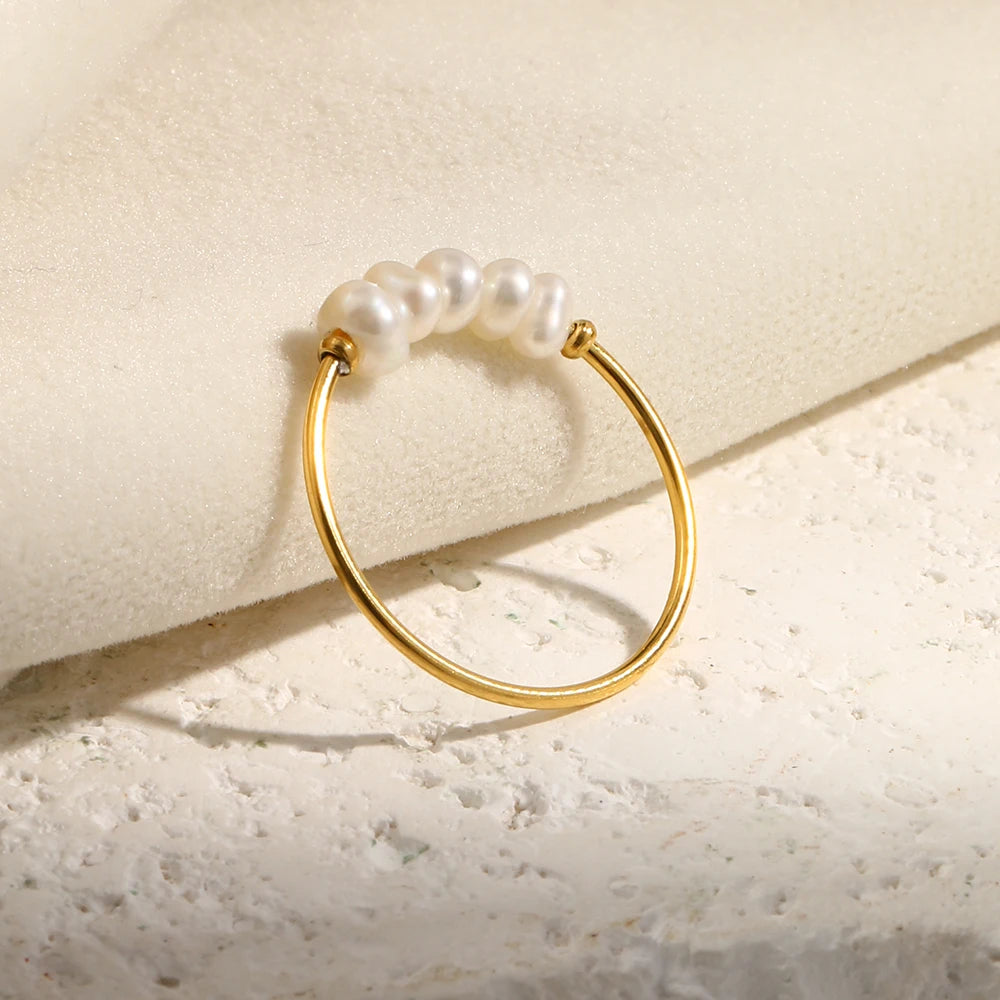 E.B.belle Gold Plated Stainless Steel Freshwater Pearls Rings For Women Accesorios Para Mujer Bagues Acier Inoxydables Femmes