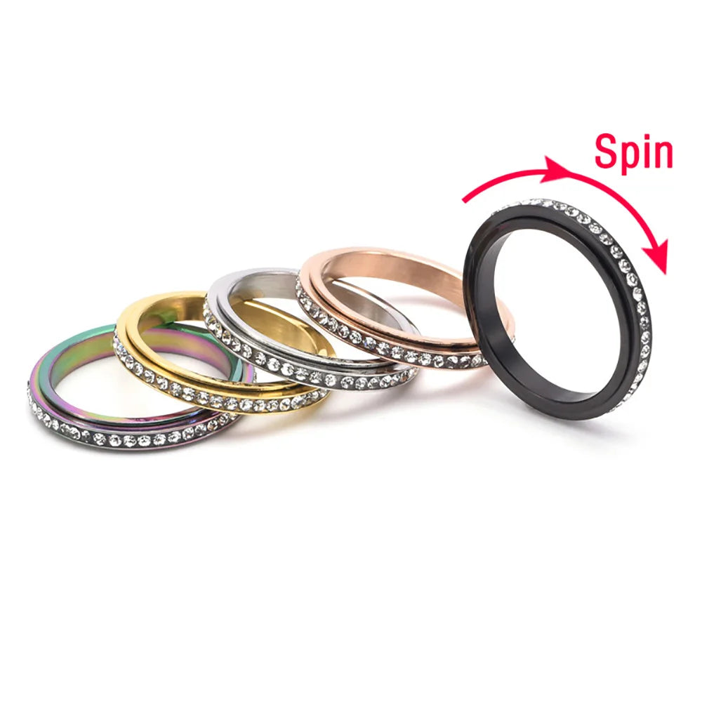 Fidget Anxiety Ring Drive Away Your Anxiety Stainless Steel Spinner Band Rings Cubic Zirconia Rings With Gift Box