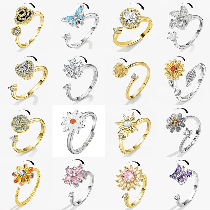 Luxury Butterfly Sunflower Fidget Spinner Ring Anxiety for Women Crystal Flower Anxiety Finger Rings Anti Stress Wedding Jewerly