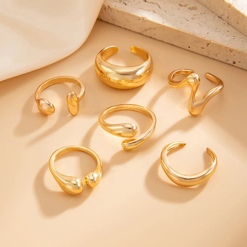 Fashion 6Pcs/Set Smooth Metal Opened Rings for Women Punk Personality Irregular Gold Silver Color Finger Rings Female Jewelry