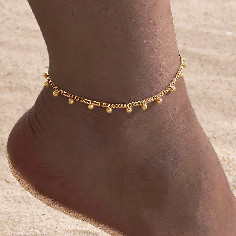 Ball Anklet Bracelet Stainless Steel Non-tarnish Waterproof Adjustable Beach Bead Cuban Link Summer Boho Foot Jewelry for Women