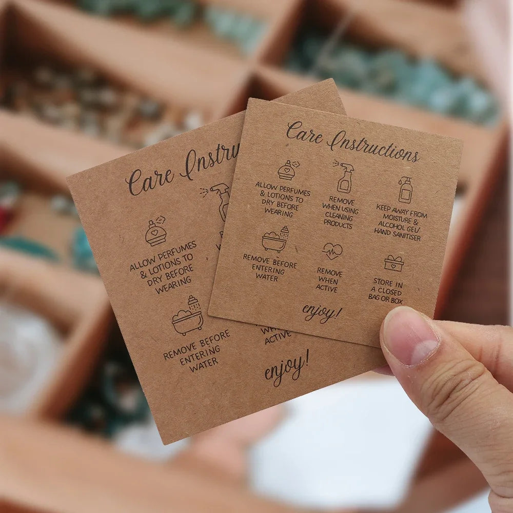 50PCS Printable Square White Brown English Care Instructions Card For Jewelry Making Necklace Care Inserts DIY Accessories
